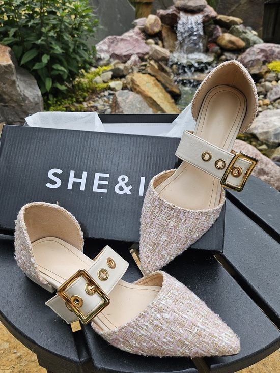 SHEIN Shoes - SHEIN Pink Tweed Pointed D'Orsay Flats with Cream Strap and Gold Buckle